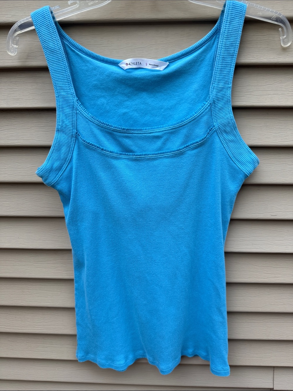 Athleta Turquoise Light Blue Ribbed Square-Neck Tank Top Built-in Bra Size S